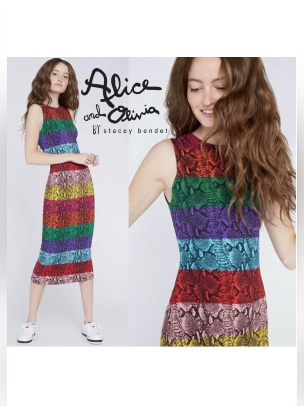 Alice Olivia Delora Dress Rainbow Snake Striped Sheath Fitted Animal Print ASOTV